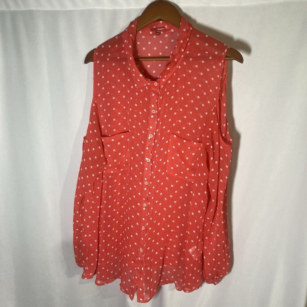 BONGO red white polk dot semi sheer long sleeve cold shoulder button top 3X